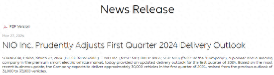 蔚來下調Q1交付預期 美股盤前直線下挫