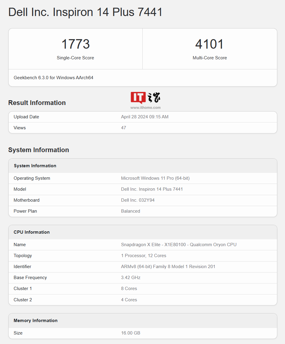 戴爾靈越14 Plus 7441筆記本現身Geekbench:驍龍X Elite