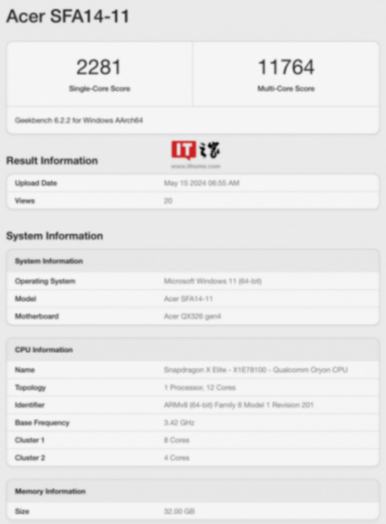 驍龍X Elite再添一員:宏碁SFA14-11筆記本現(xiàn)身Geekbench