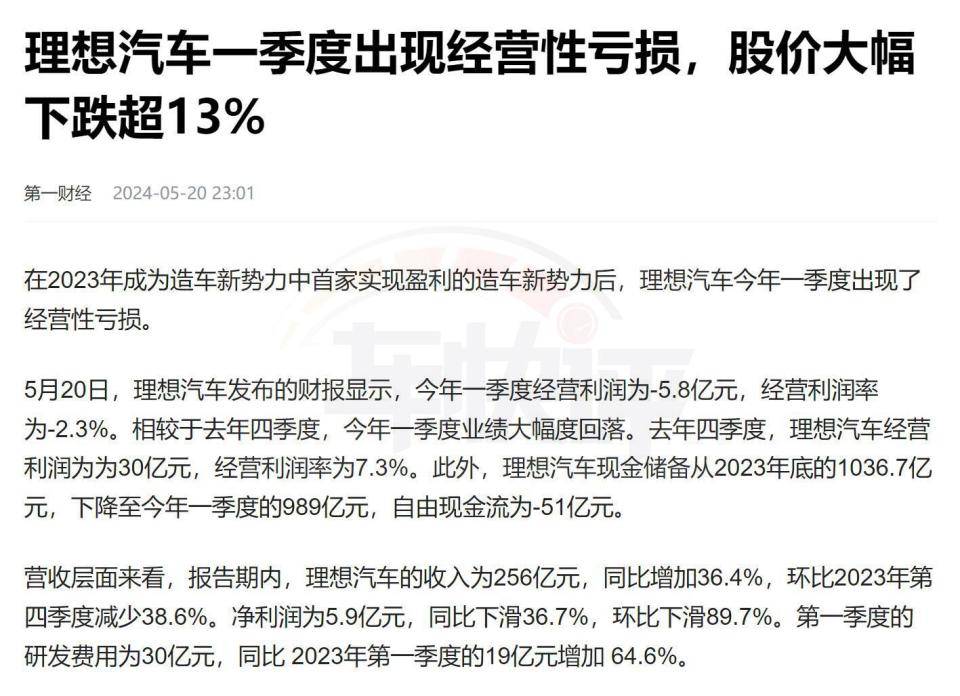 銷量仍是第一的理想汽車,業績已經大幅滑坡