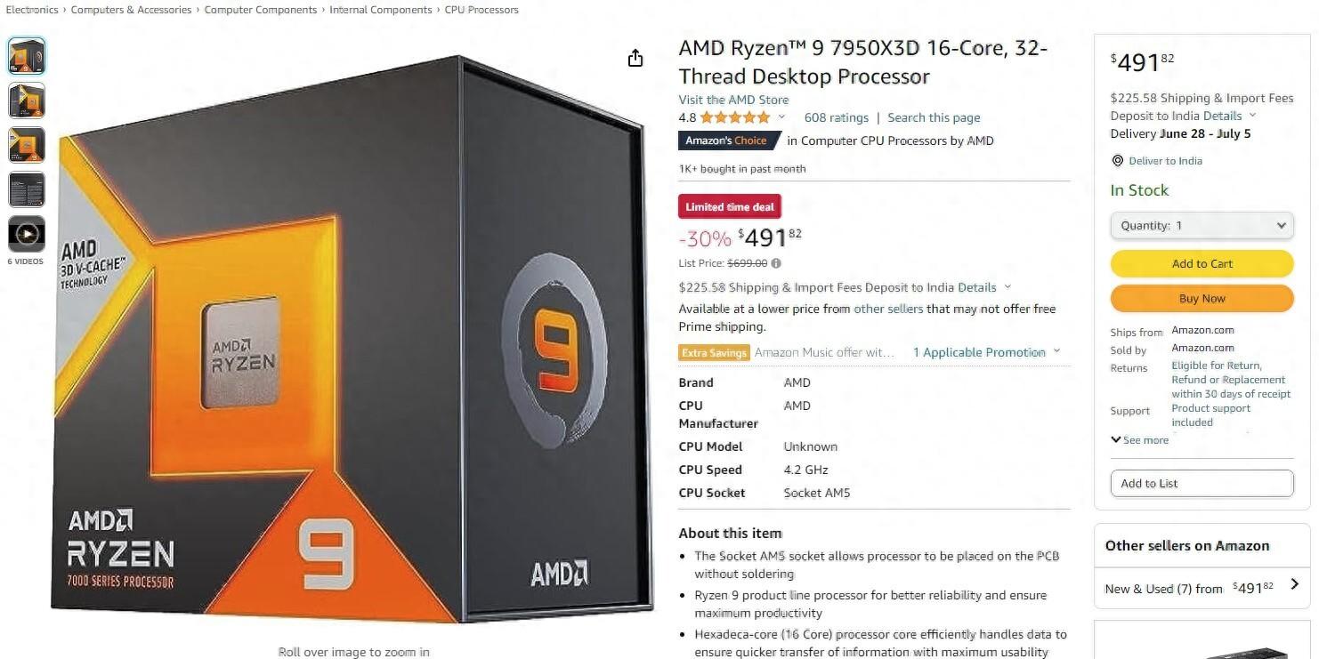 AMD Ryzen 9 7950X3D 臺式機處理器已降至500美元以下