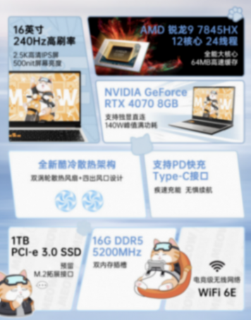 七彩虹MEOW R16筆記本新配首銷:R9-7845HX+RTX4070,6499元