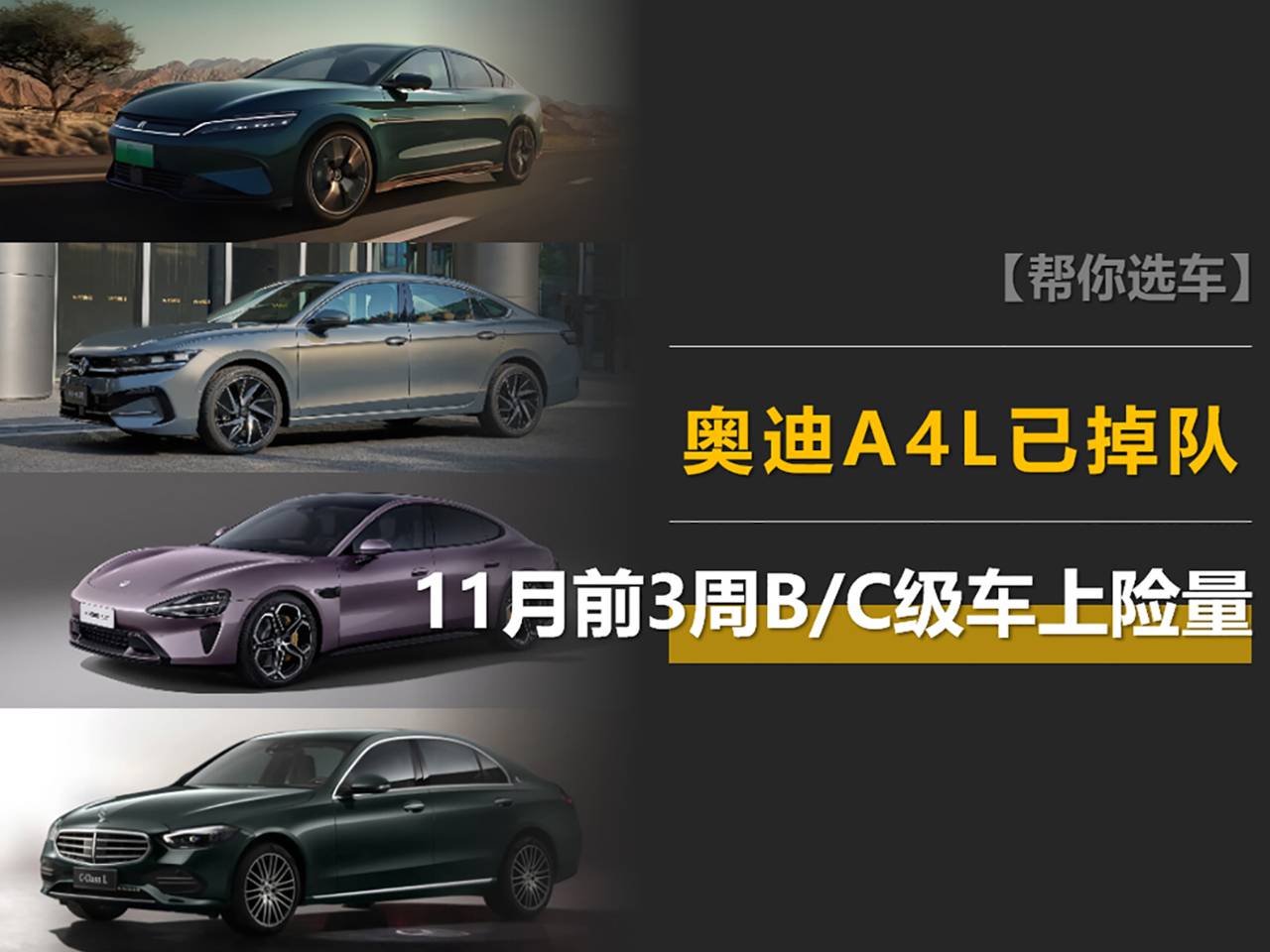 11月前3周B/C級車上險量:漢第一,SU7來不及交付,A4L已掉隊