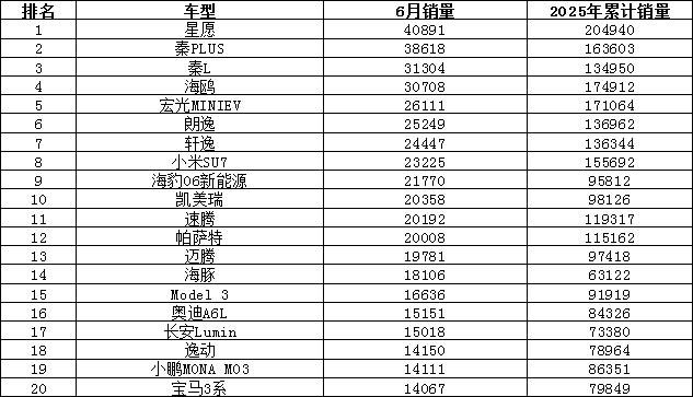 2025年6月汽車銷量排行榜 問界M8熱銷