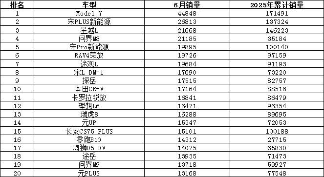2025年6月汽車銷量排行榜 問界M8熱銷