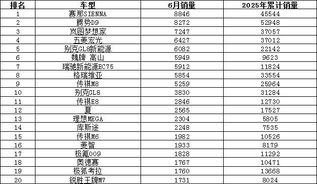 2025年6月汽車銷量排行榜 問界M8熱銷